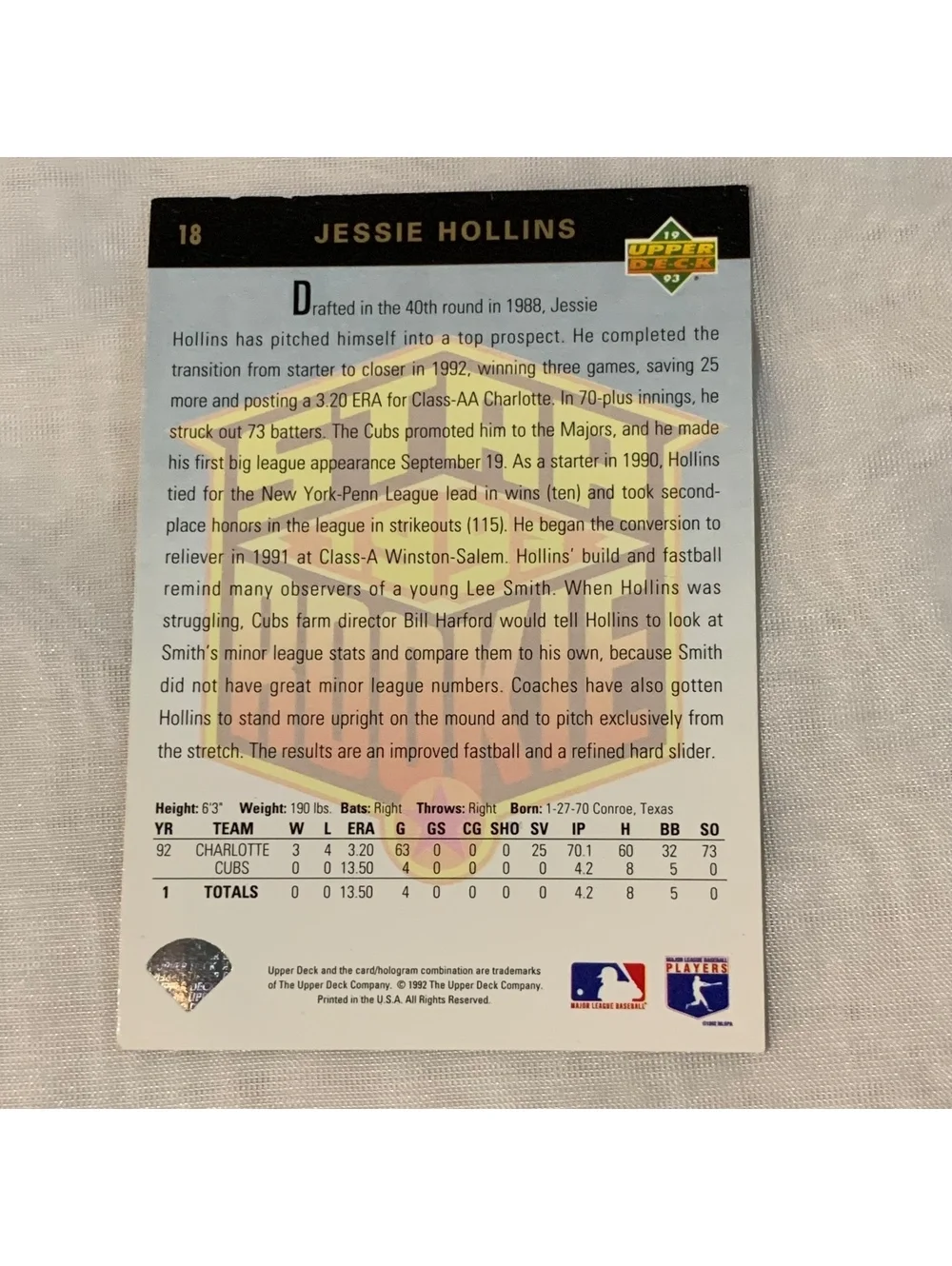 1993 Upper Deck Star Rookie #18 Jessie Hollins Chicago Cubs Baseball Card